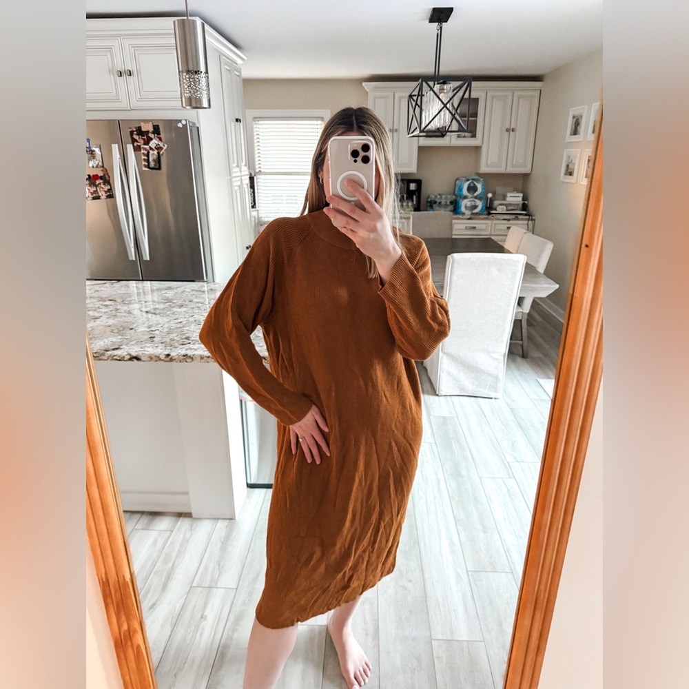 FP Beach Ribbed Knit Sweater Dress Brown Long Sleeve Size M